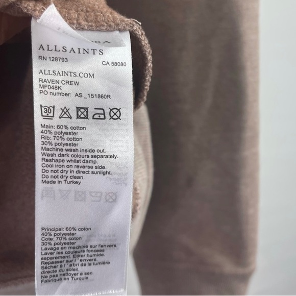 AllSaints Raven Crewneck Sweatshirt Color:Mushroom Pink Size Large - Picture 3 of 3